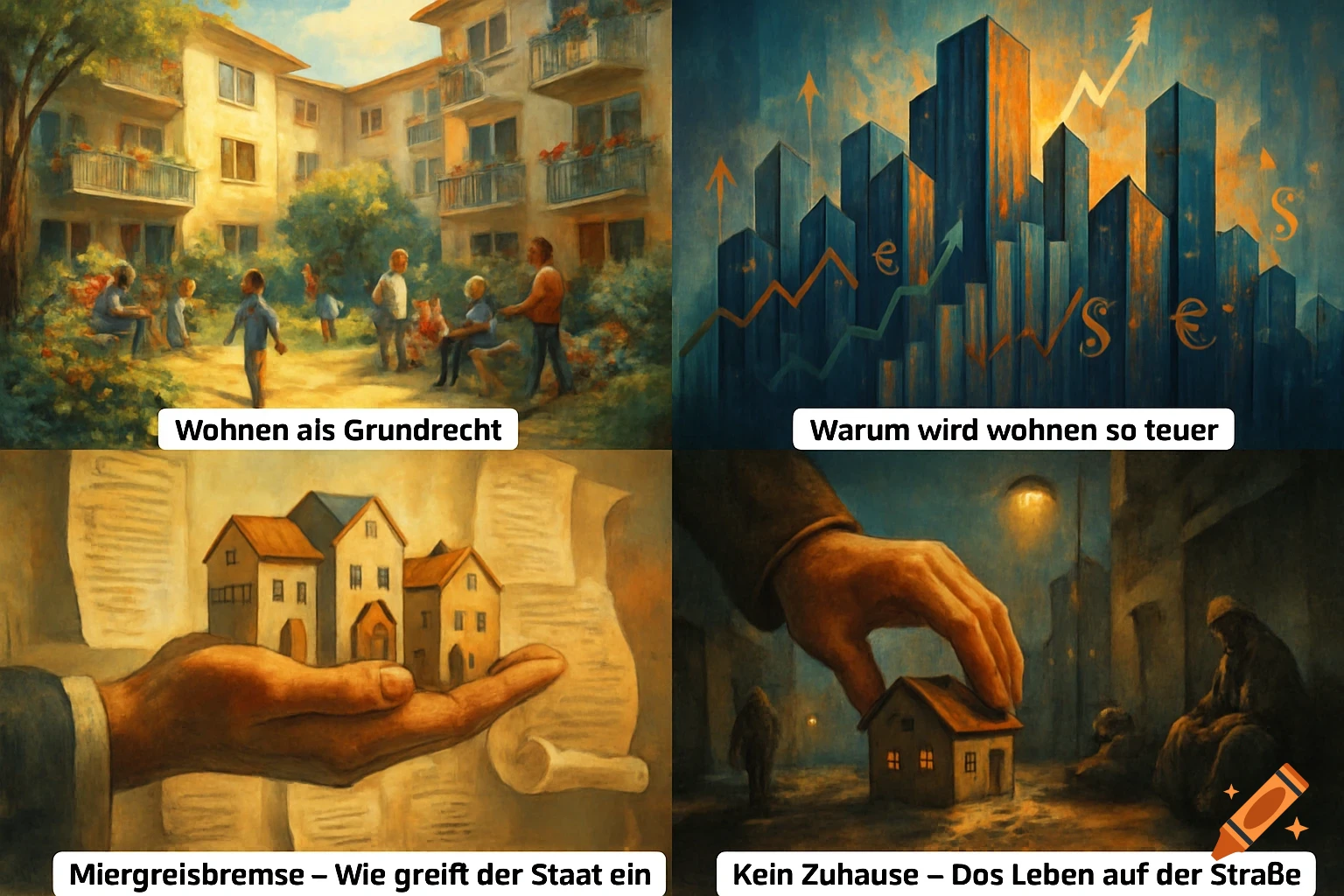 Four painterly scenes depicting housing themes: people outside an apartment building, abstract cityscape with rising arrows and currency symbols, a hand holding houses over a scroll, and a hand placing a house on a street with a homeless person.