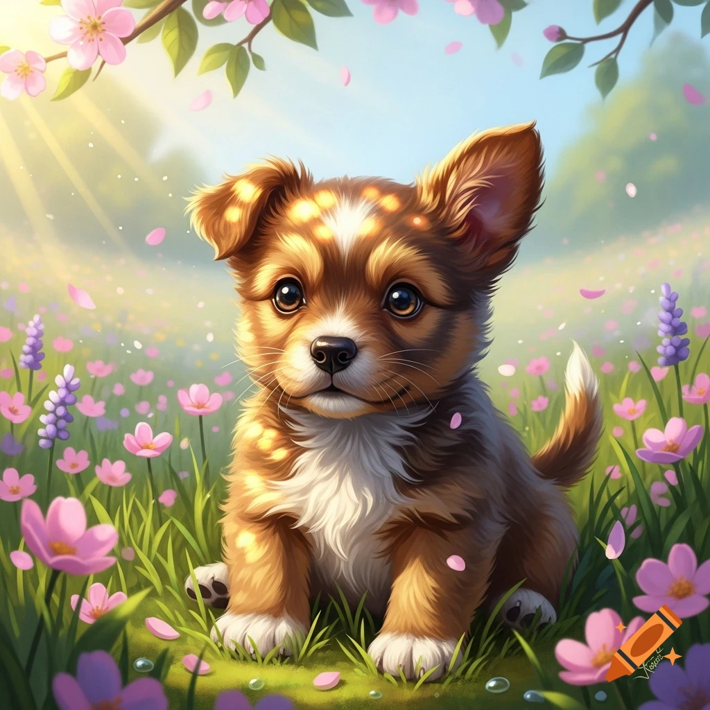 A cute brown and white puppy with floppy ears sits in a vibrant field of pink and purple flowers under a sunny sky.