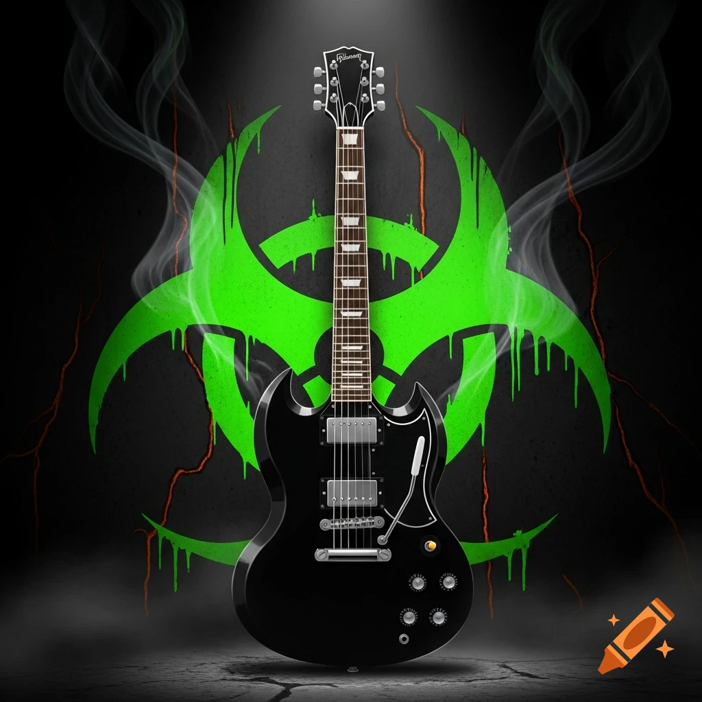 A black Gibson SG electric guitar stands against a dark, smoky background with a dripping green biohazard symbol.