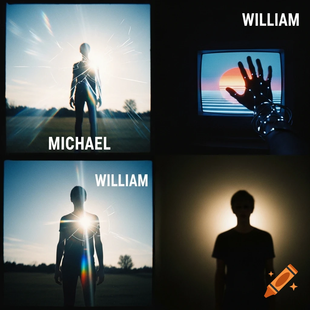 A four-panel album cover with a dark, grainy aesthetic. Top-left and bottom-left show silhouetted figures against bright light with 'MICHAEL' and 'WILLIAM' text. Top-right shows a hand with lights reaching a CRT monitor with a retro sunset, text 'WILLIAM'. Bottom-right is a silhouetted figure in a spotlight.