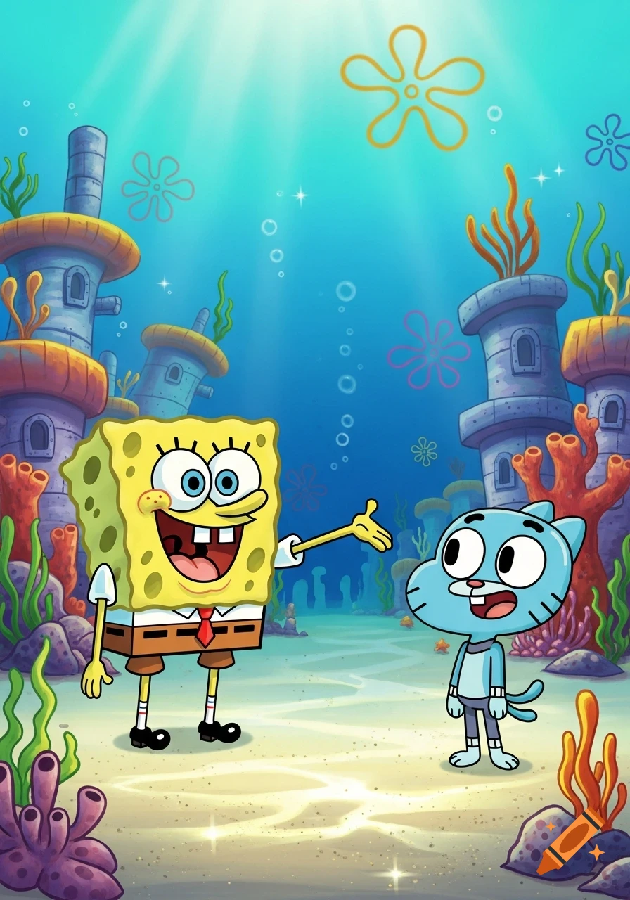 SpongeBob SquarePants gestures to Gumball Watterson in a vibrant cartoon underwater scene with coral and structures.