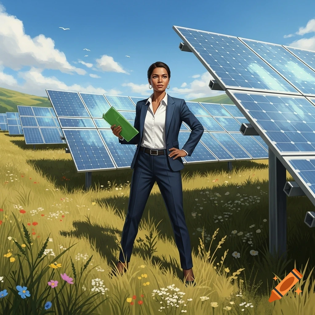 A confident woman in a blue business suit stands among solar panels and wildflowers, holding a green folder, under a blue sky.