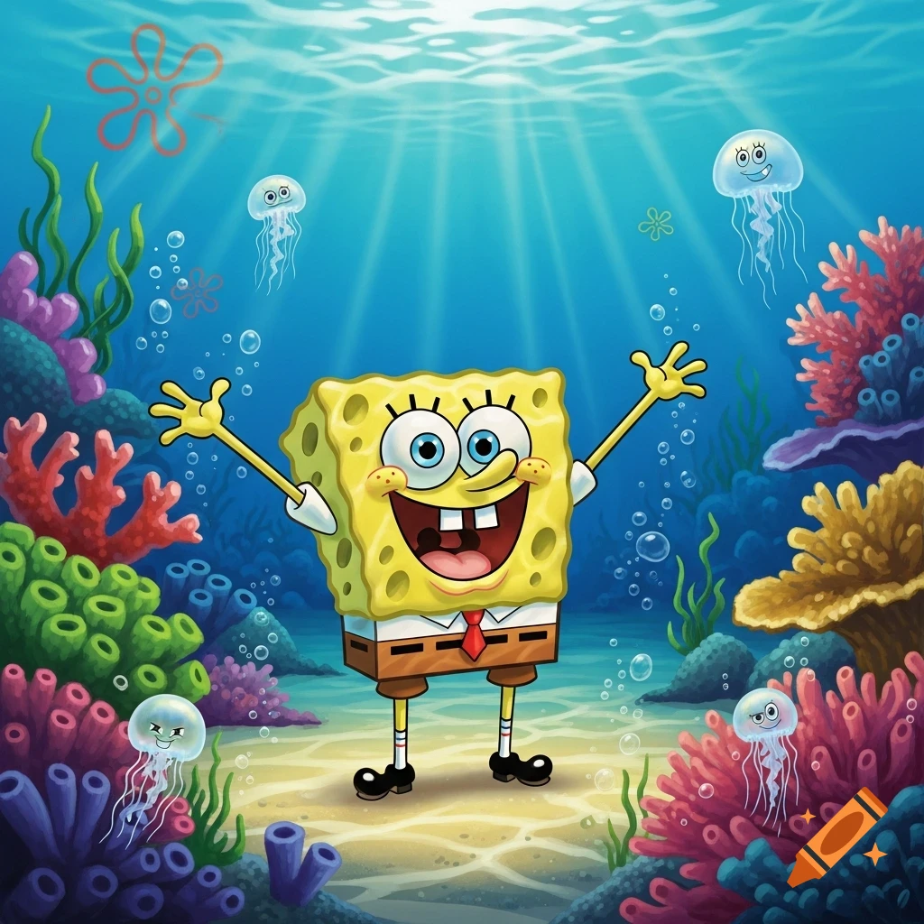Spongebob Squarepants enthusiastically stands underwater among colorful coral, seaweed, bubbles, and jellyfish, with light rays from the surface.