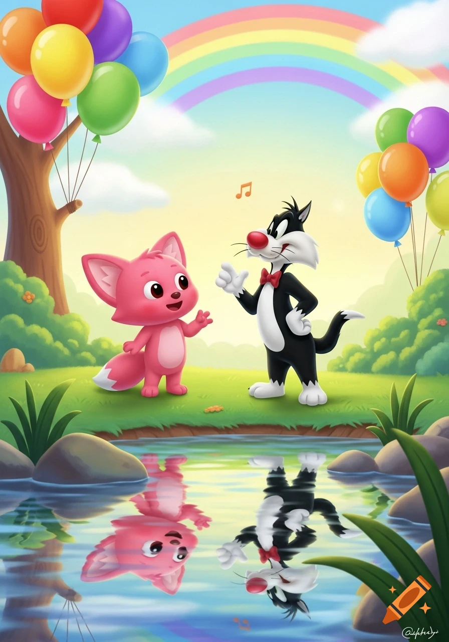 Pinkfong and Sylvester the Cat stand by a pond with reflections, under a rainbow and balloons in a vibrant cartoon landscape.