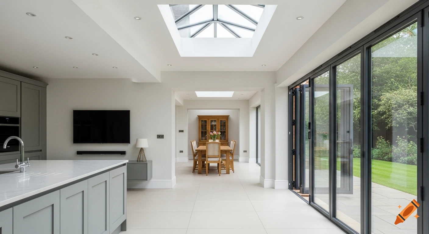 Photorealistic interior view of a modern open-plan kitchen and dining area with a kitchen island, wall-mounted TV, and large bifold glass doors opening to a garden.