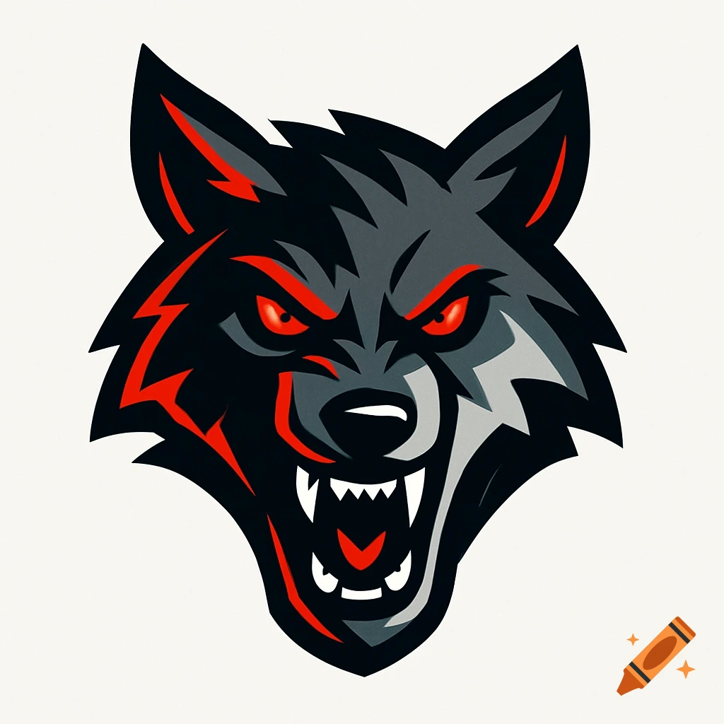 An aggressive black and grey wolf head logo with red glowing eyes and bared fangs.
