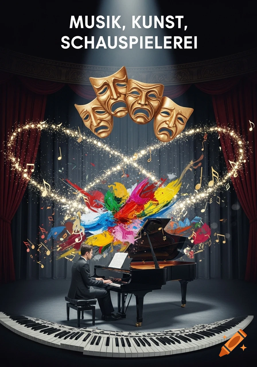 A man plays a grand piano on a stage with red curtains, surrounded by colorful paint, swirling musical notes, and golden theatrical masks. A curved piano keyboard extends at the bottom. Text reads 'MUSIK, KUNST, SCHAUSPIELEREI'.