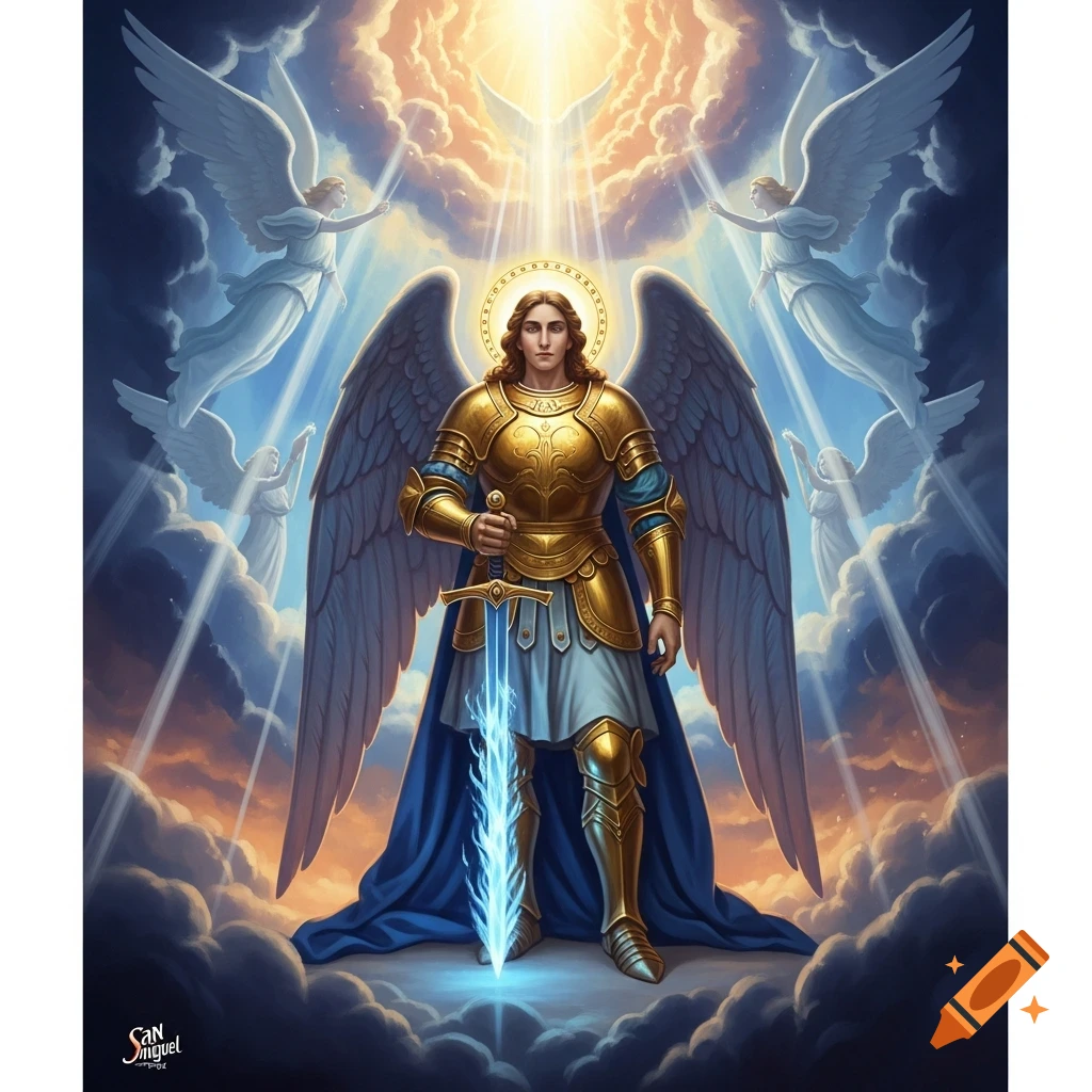A majestic archangel in golden armor holds a glowing sword, surrounded by clouds and other angelic figures, under a bright, divine light.
