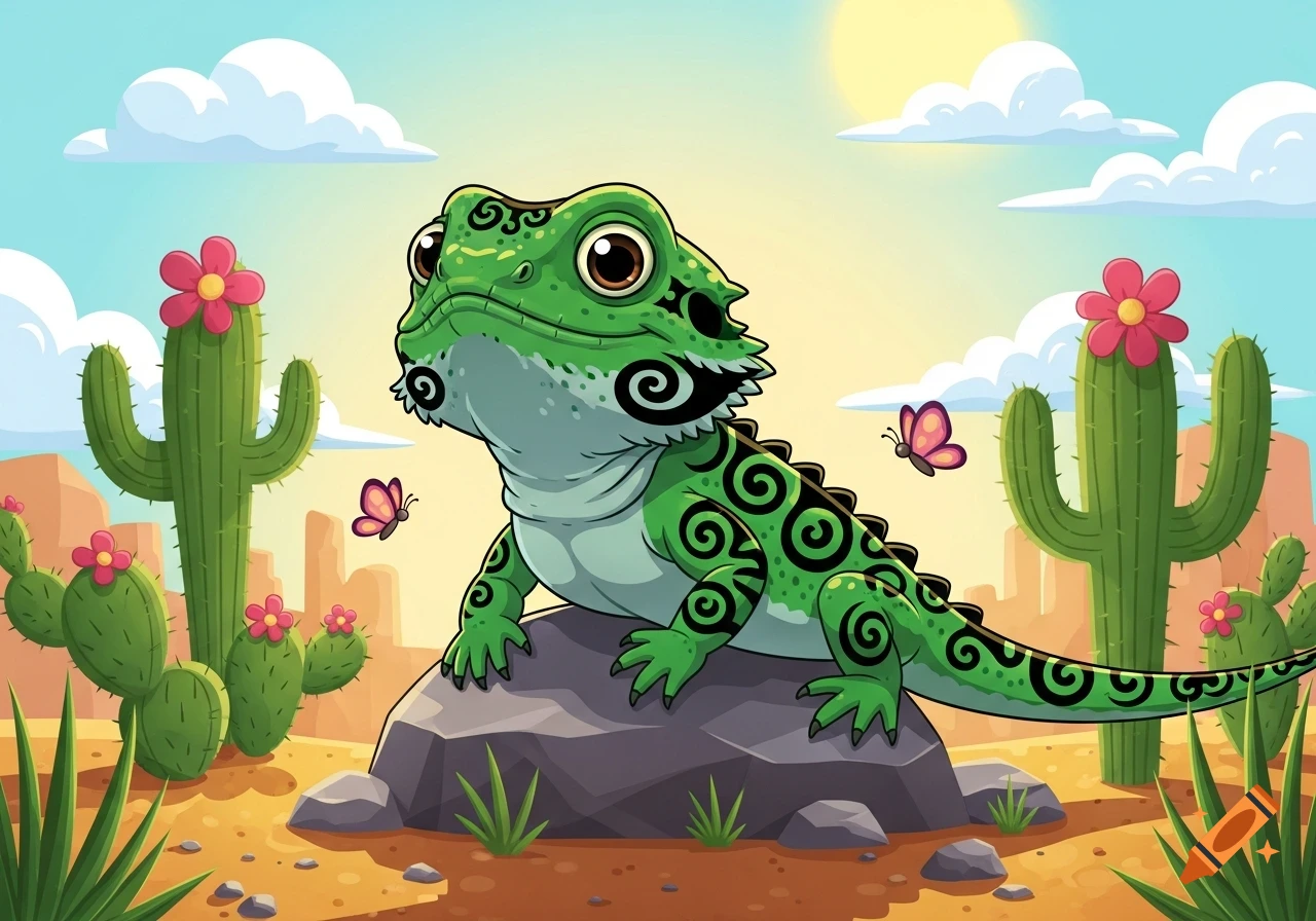 A cute green and black cartoon bearded dragon with spiral patterns sits on a rock in a sunny desert with cacti and butterflies.