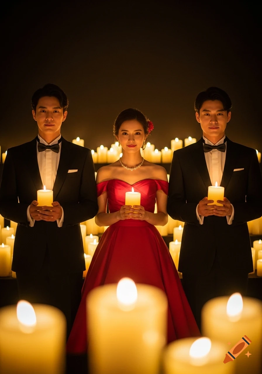 A woman in a red gown flanked by two men in tuxedos, all holding lit candles in a warm, dark setting with many more candles.