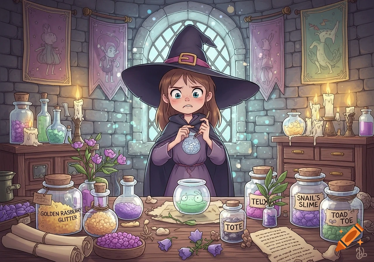 A young witch with a large pointed hat looks worriedly at a glowing vial, surrounded by jars of magical ingredients on a wooden table in a stone room.