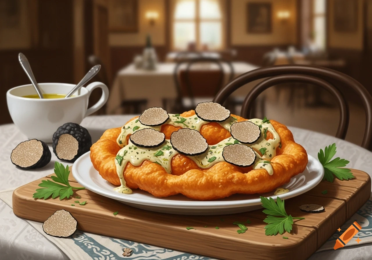 A plate of golden fried Langos topped with cream sauce and black truffle slices, accompanied by whole truffles and a cup of soup in a restaurant setting.