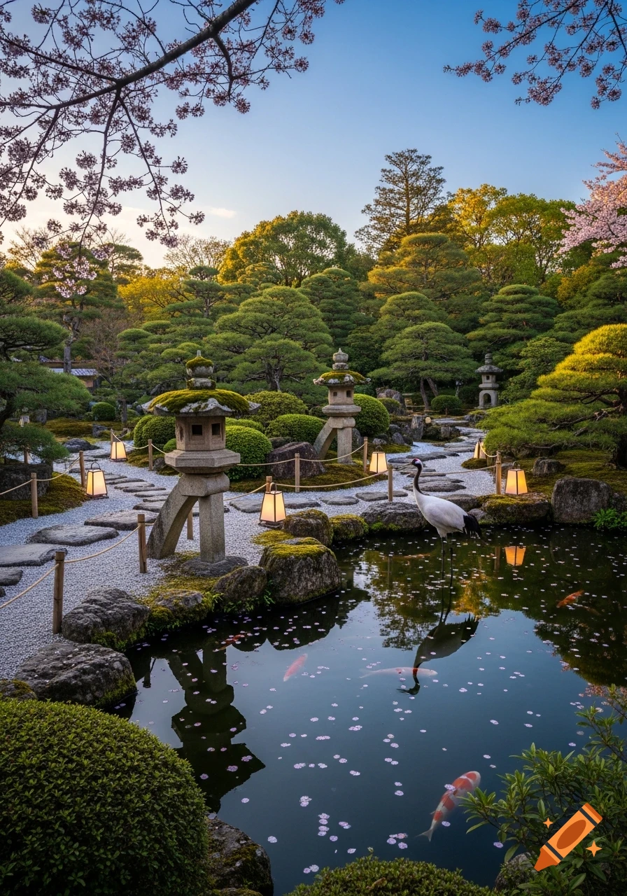 A beautiful Japanese garden at sunset, featuring stone lanterns, a pond with koi fish and a crane, and cherry blossom trees.