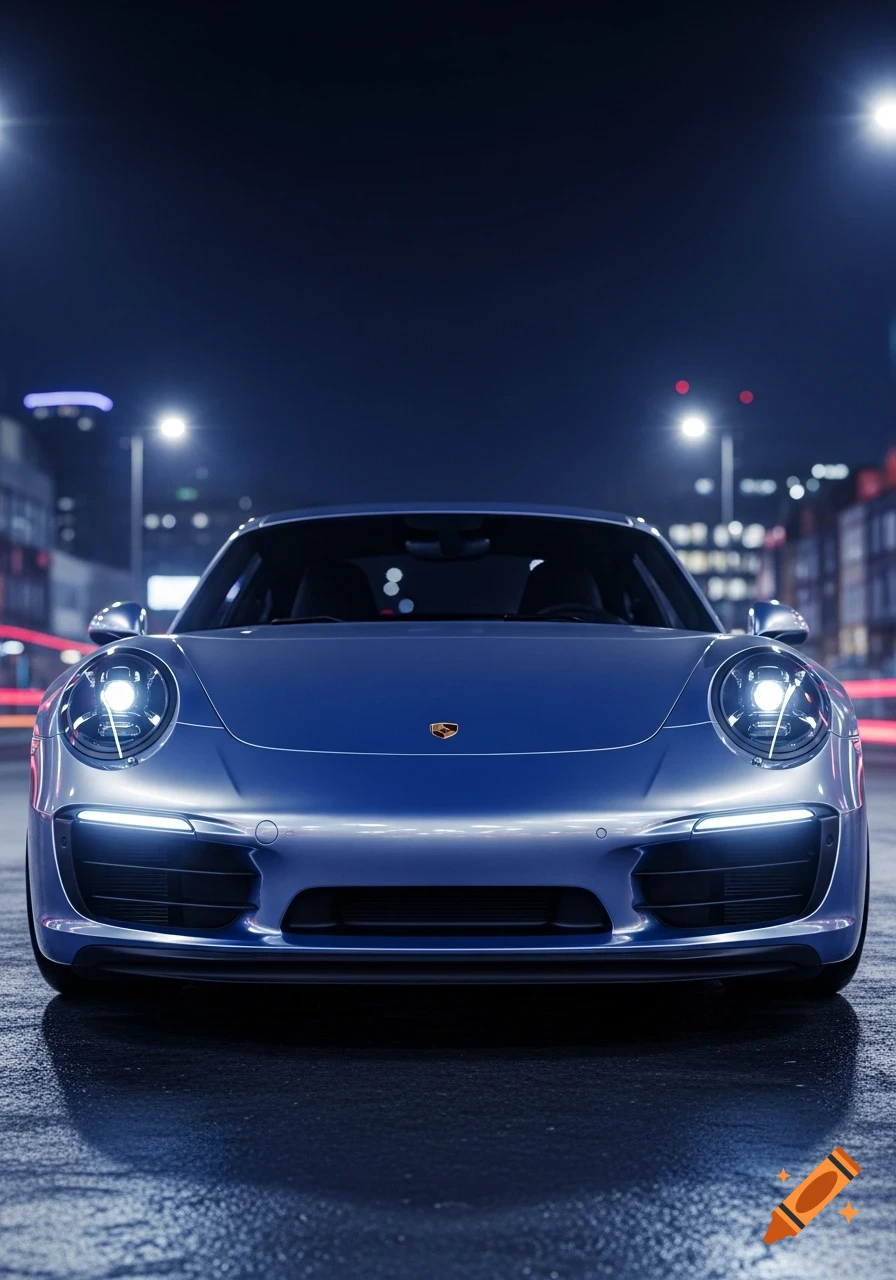A photorealistic front view of a blue Porsche 911 at night, with bright headlights, on a wet street reflecting city lights.