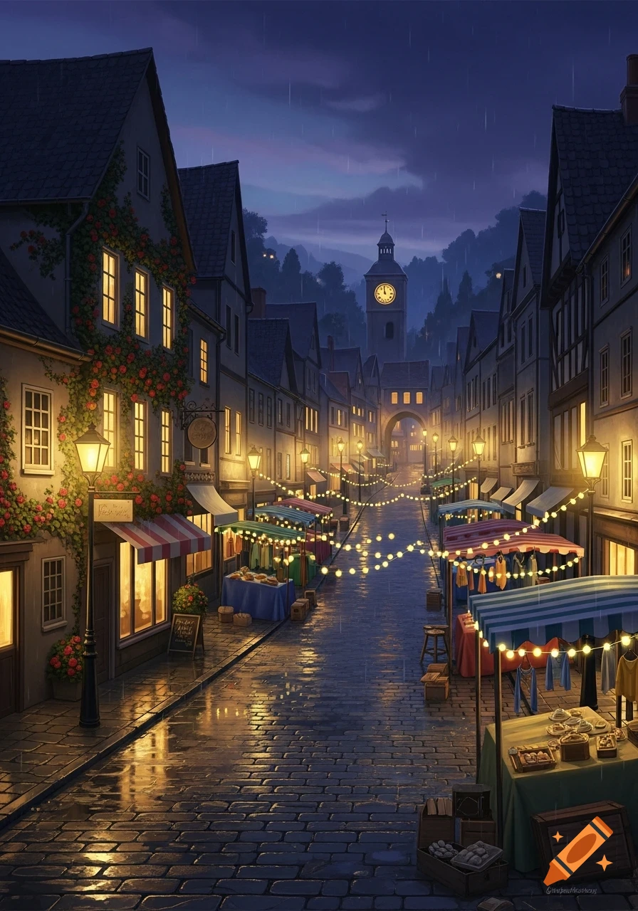 A charming, rainy night street market in a European-style town, illuminated by warm lights, with stalls and a distant clock tower.