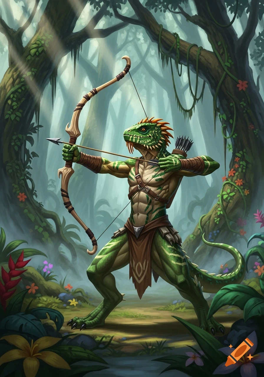 A muscular green lizardfolk archer with a drawn bow stands in a lush, sun-dappled jungle, fantasy art style.