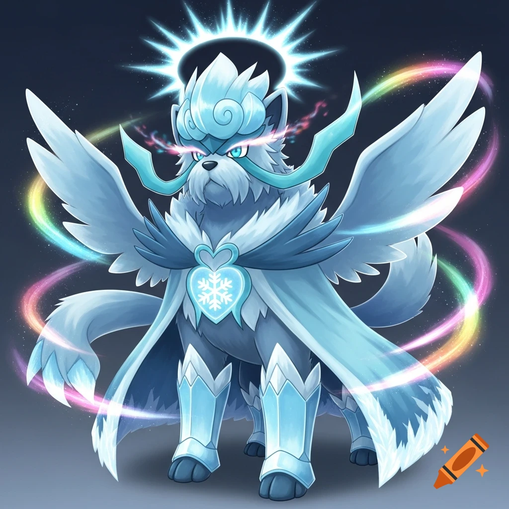A majestic white dog-like creature with large wings, ice armor on its legs, and a heart-shaped snowflake emblem on its chest, with a glowing halo and rainbow light trails around it, in a sugimori art style.