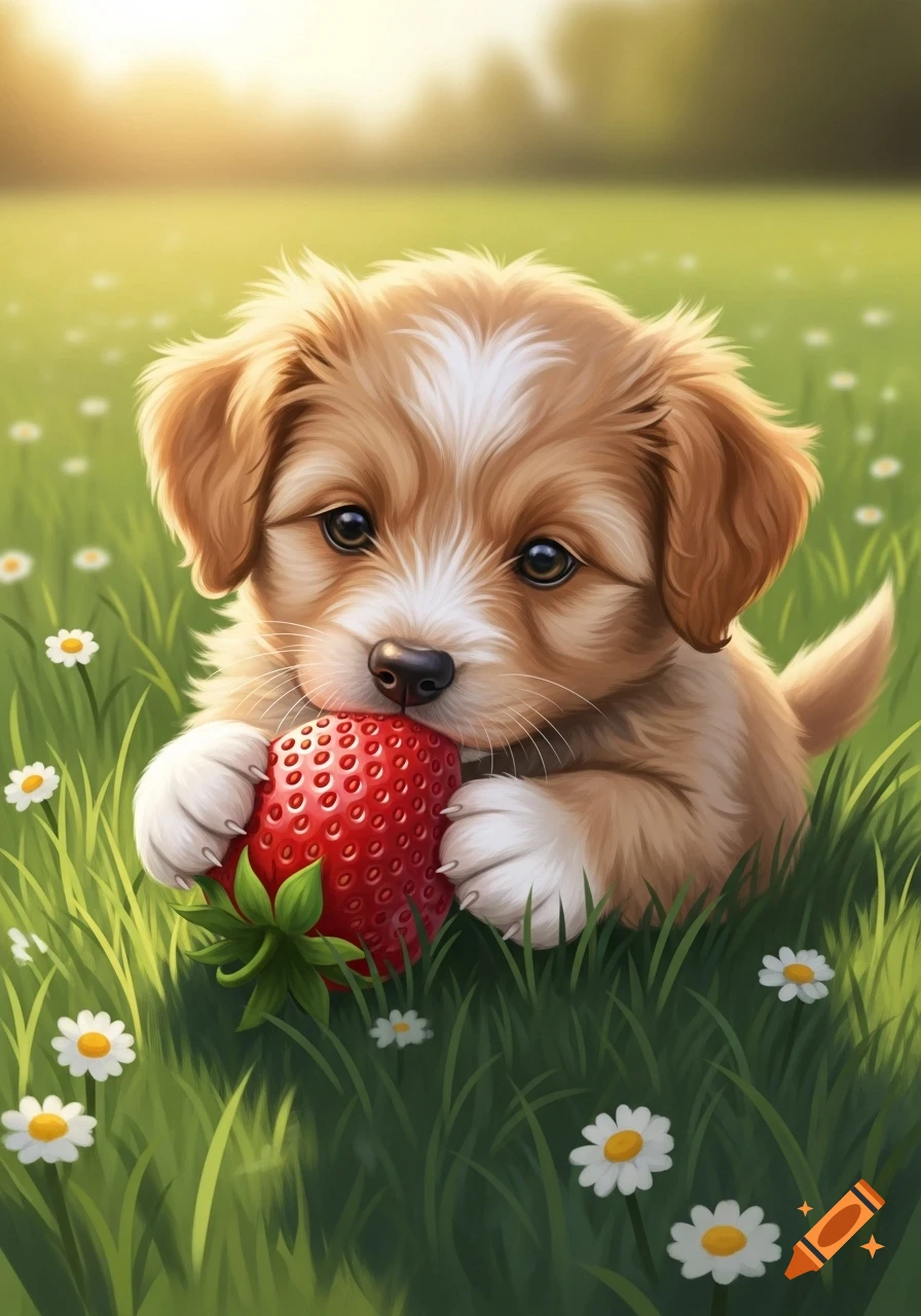 A fluffy brown and white puppy sitting in green grass with white daisies, holding a large red strawberry.
