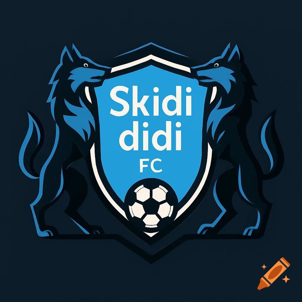 Modern graphic soccer crest with two dark blue wolves flanking a light blue shield displaying 'Skidi didi FC' and a soccer ball.