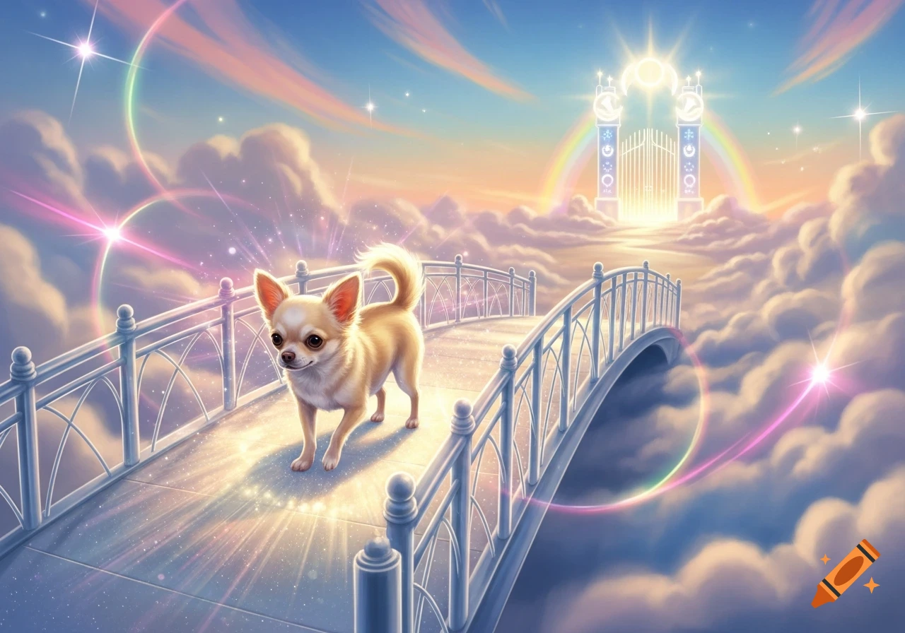 A cute chihuahua dog walks on a sparkling white bridge made of clouds towards glowing celestial gates in a colorful sky.
