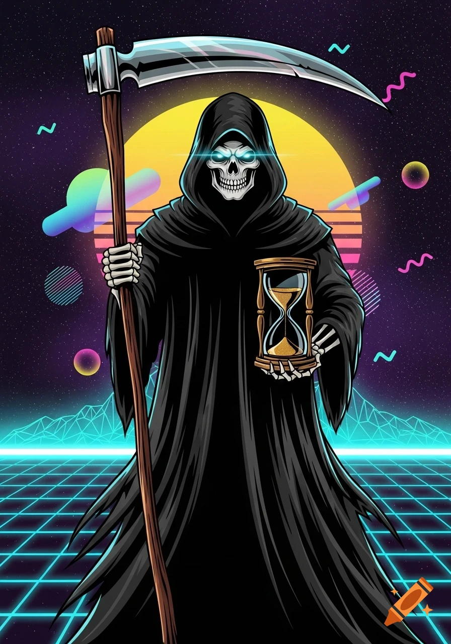 A cartoon Grim Reaper holding a scythe and hourglass with glowing eyes against a vaporwave sunset and grid background.
