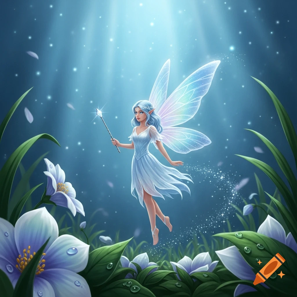 A magical fairy with iridescent wings and a wand floats among glowing blue flowers in a dreamy blue forest with sparkling light.
