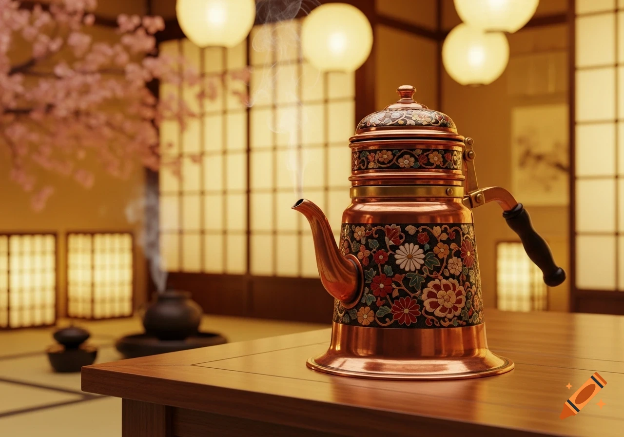 A vintage Japanese-style copper teapot with intricate floral designs, steaming on a wooden table in a traditional room with shoji screens and cherry blossoms.