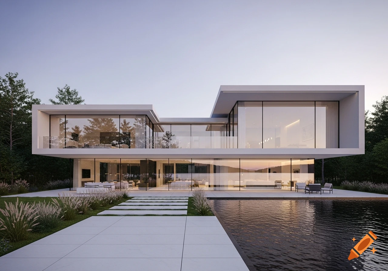 A modern, minimalist house with large glass windows and a swimming pool, surrounded by trees under a clear sky.