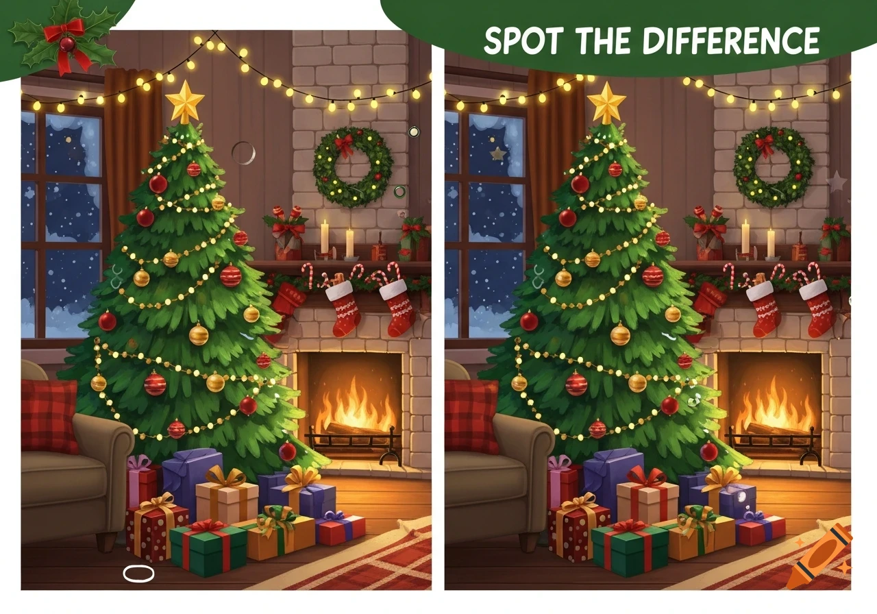 A 'spot the difference' game showing two side-by-side illustrations of a festive Christmas living room with a decorated tree, fireplace, and presents.