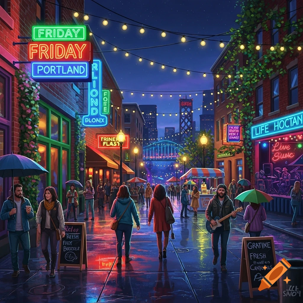 A vibrant illustration of a bustling city street at night, with neon signs, string lights, and people walking, some with umbrellas.