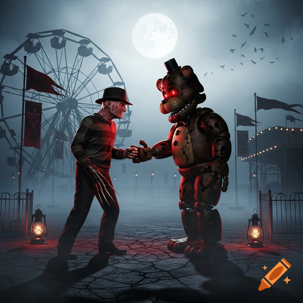Freddy Krueger and Freddy Fazbear shake hands in a foggy, eerie amusement park under a full moon.