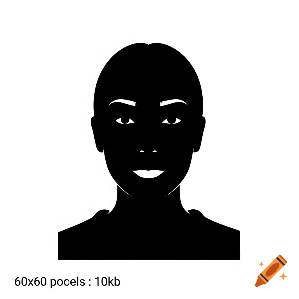 A minimalist black silhouette portrait of a person with white eyes and lips, facing forward.