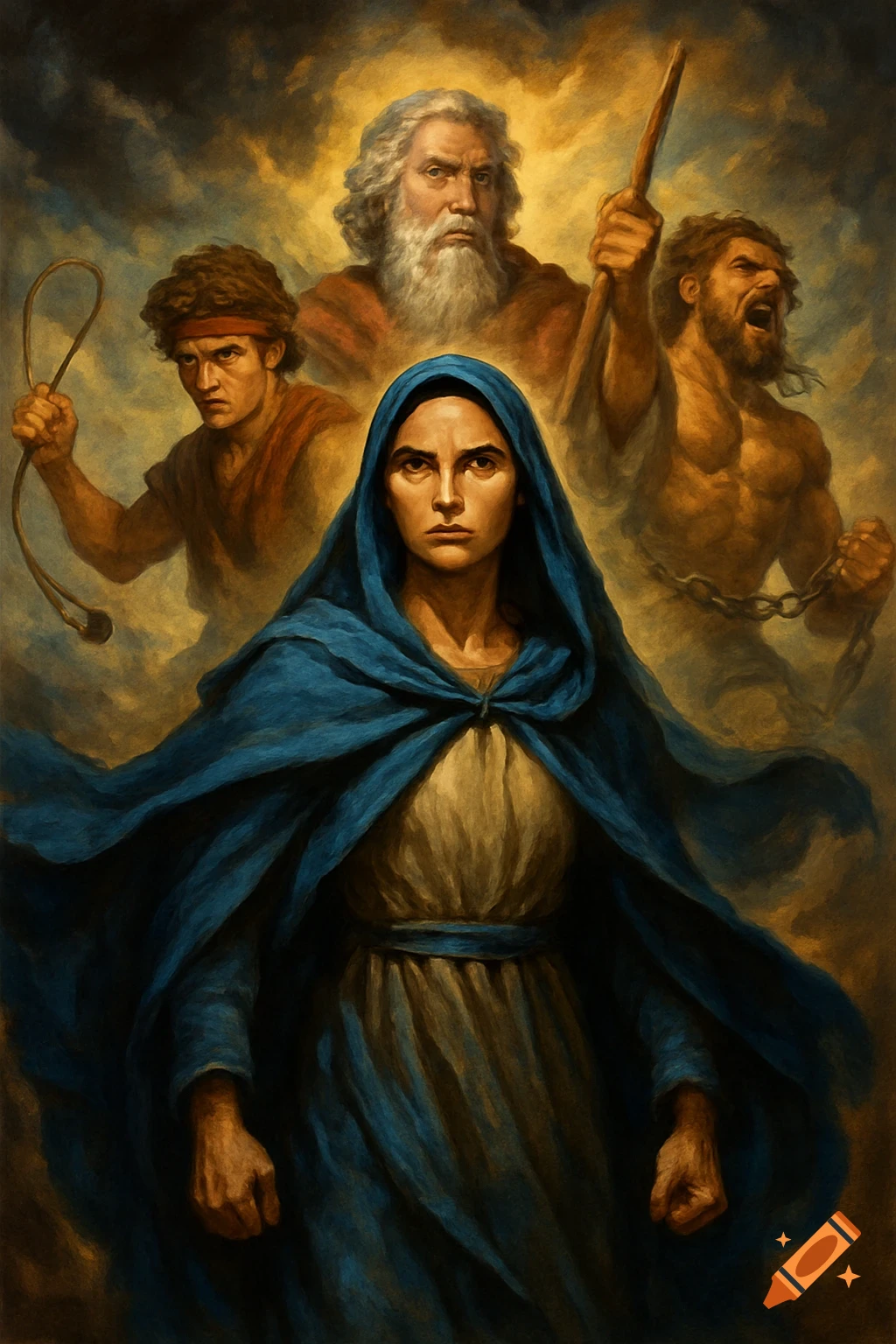 A serious Mary in blue robes stands before three dramatic biblical men, one old, one with a whip, one chained, in a painterly style.