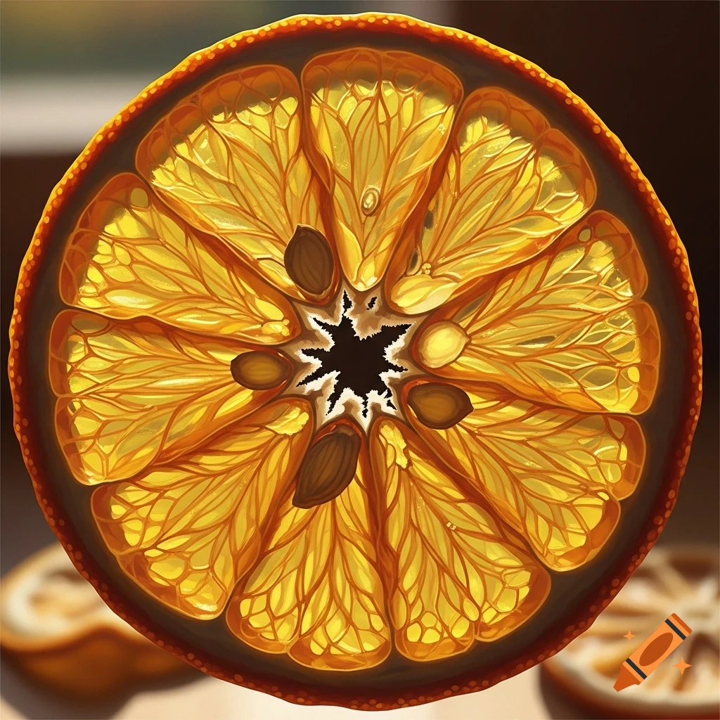 A close-up, translucent cross-section of a dehydrated orange slice with visible segments and seeds, backlit by warm light.