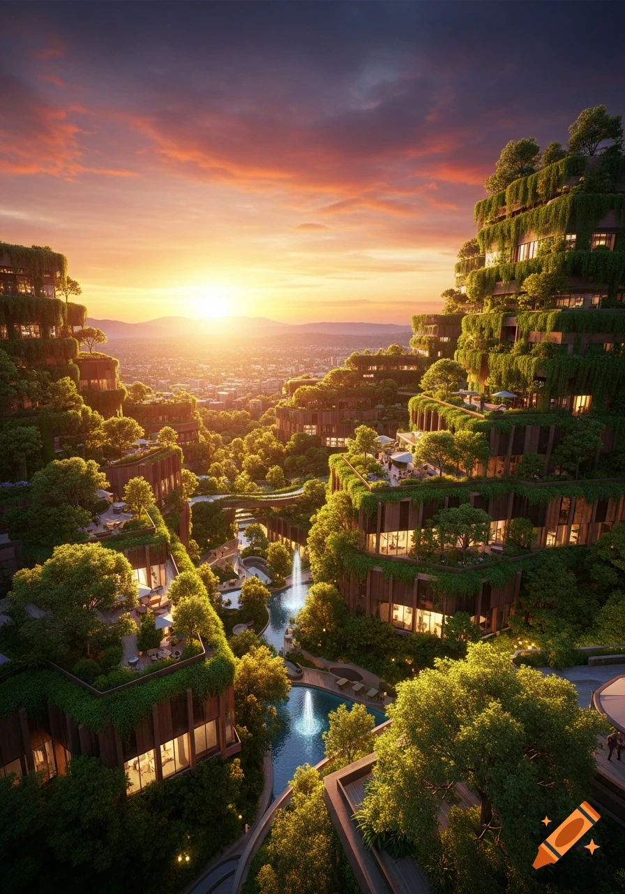 A vibrant, futuristic city with lush green buildings and flowing water ...
