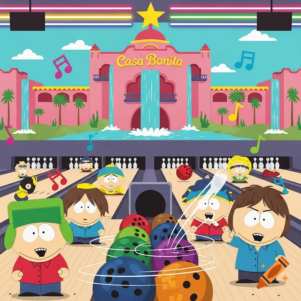 South Park characters bowling in front of a pink Casa Bonita building with waterfalls, in a cartoon style.