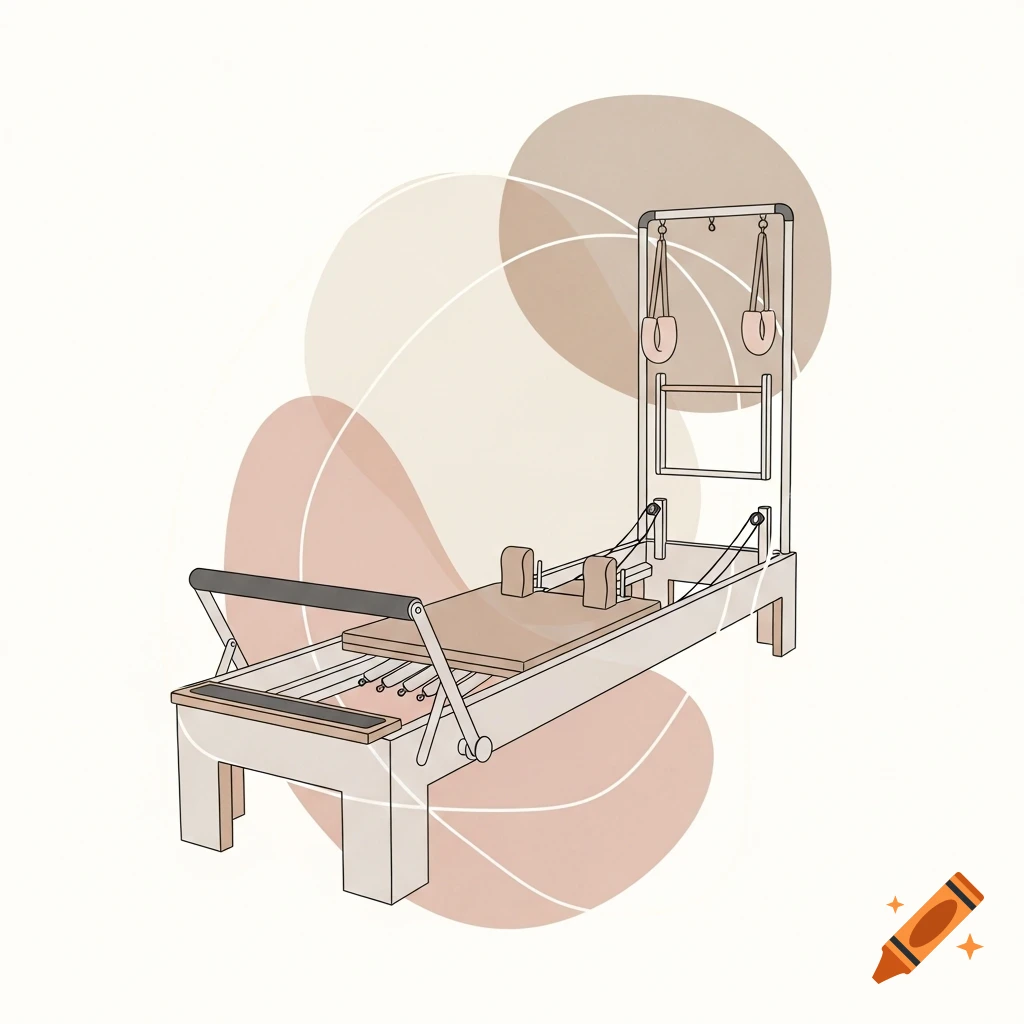 Abstract minimalist illustration of a Pilates reformer with soft lines and a warm color palette.