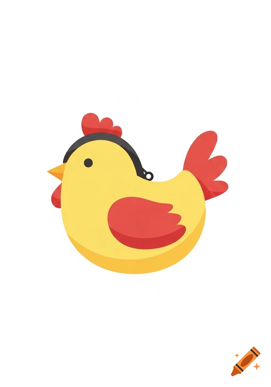 A flat cartoon illustration of a yellow chicken-shaped coin purse with red wings, comb, and tail, and an orange beak.