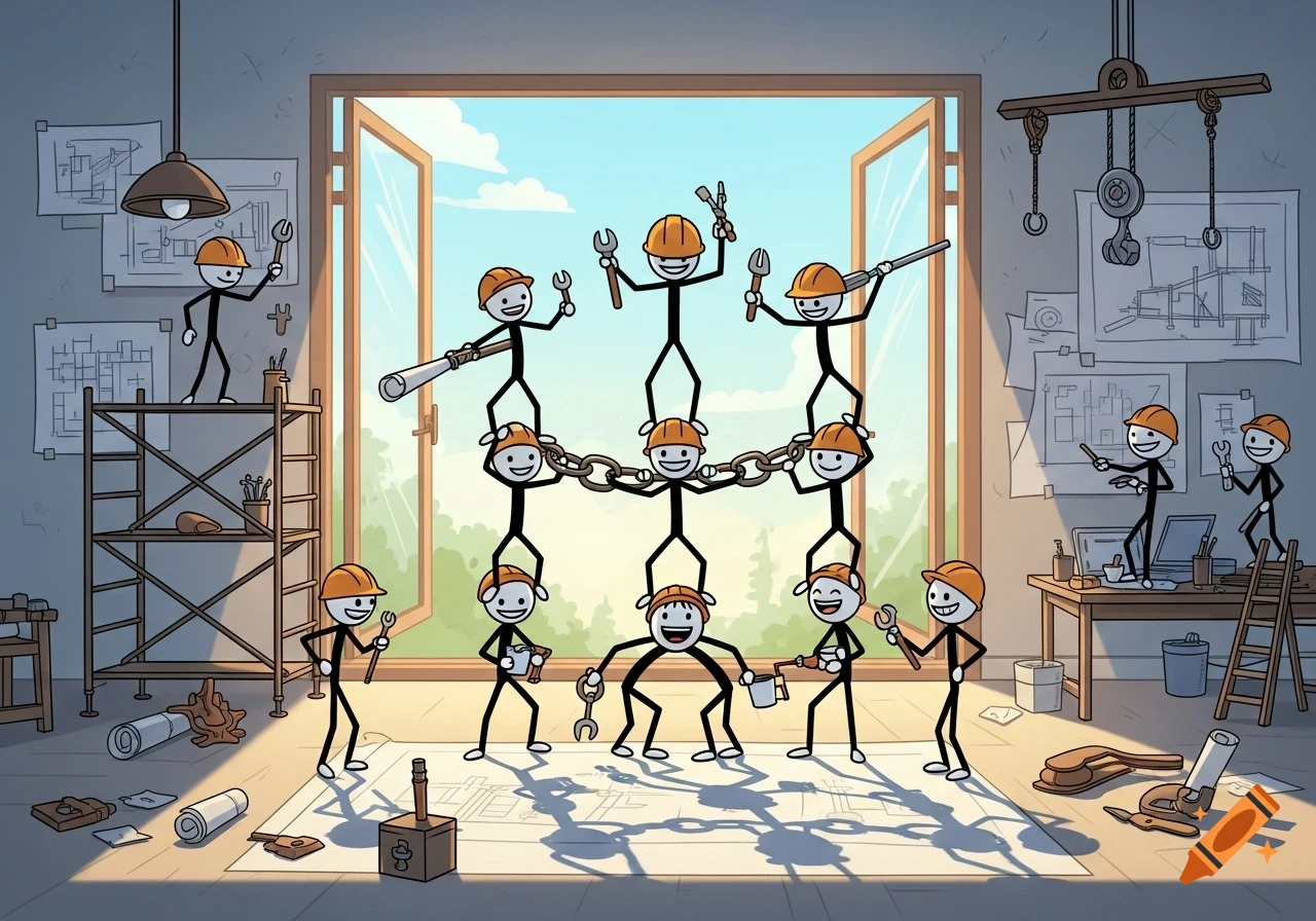 A cartoon scene with numerous stick figures wearing orange hard hats, forming a human pyramid in a workshop filled with tools and blueprints.
