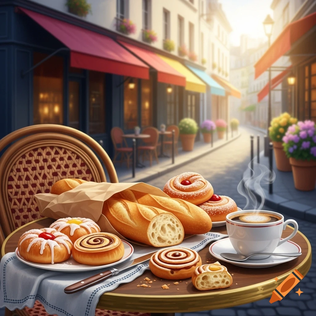 A photorealistic image of a table laden with baguettes, pastries, and a steaming coffee cup at an outdoor cafe on a sunlit Parisian street.