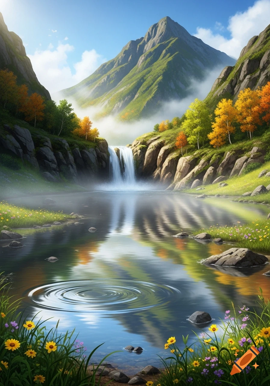 Vibrant mountain landscape with a waterfall cascading into a pond, surrounded by colorful trees and flowers.