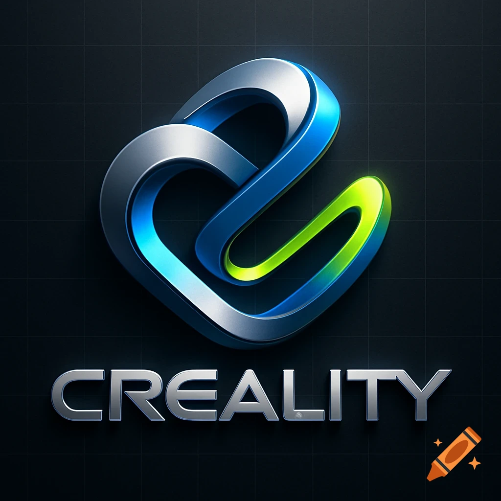 A metallic 3D logo with intertwined silver, blue, and green abstract shapes, and the word 'CREALITY' in silver text below, on a dark grid background.
