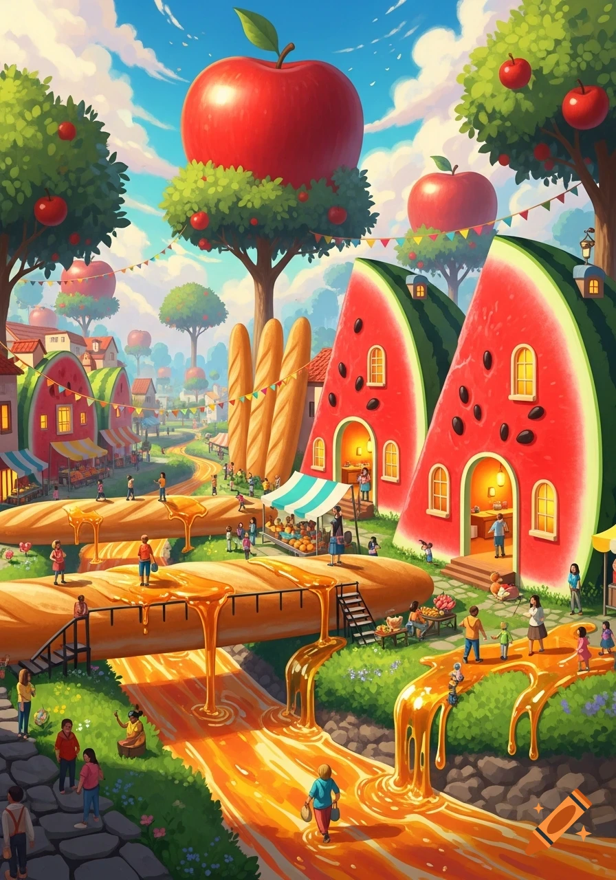 A vibrant, surreal illustration of a village with people living amongst giant watermelons, apples, baguettes, and rivers of honey.