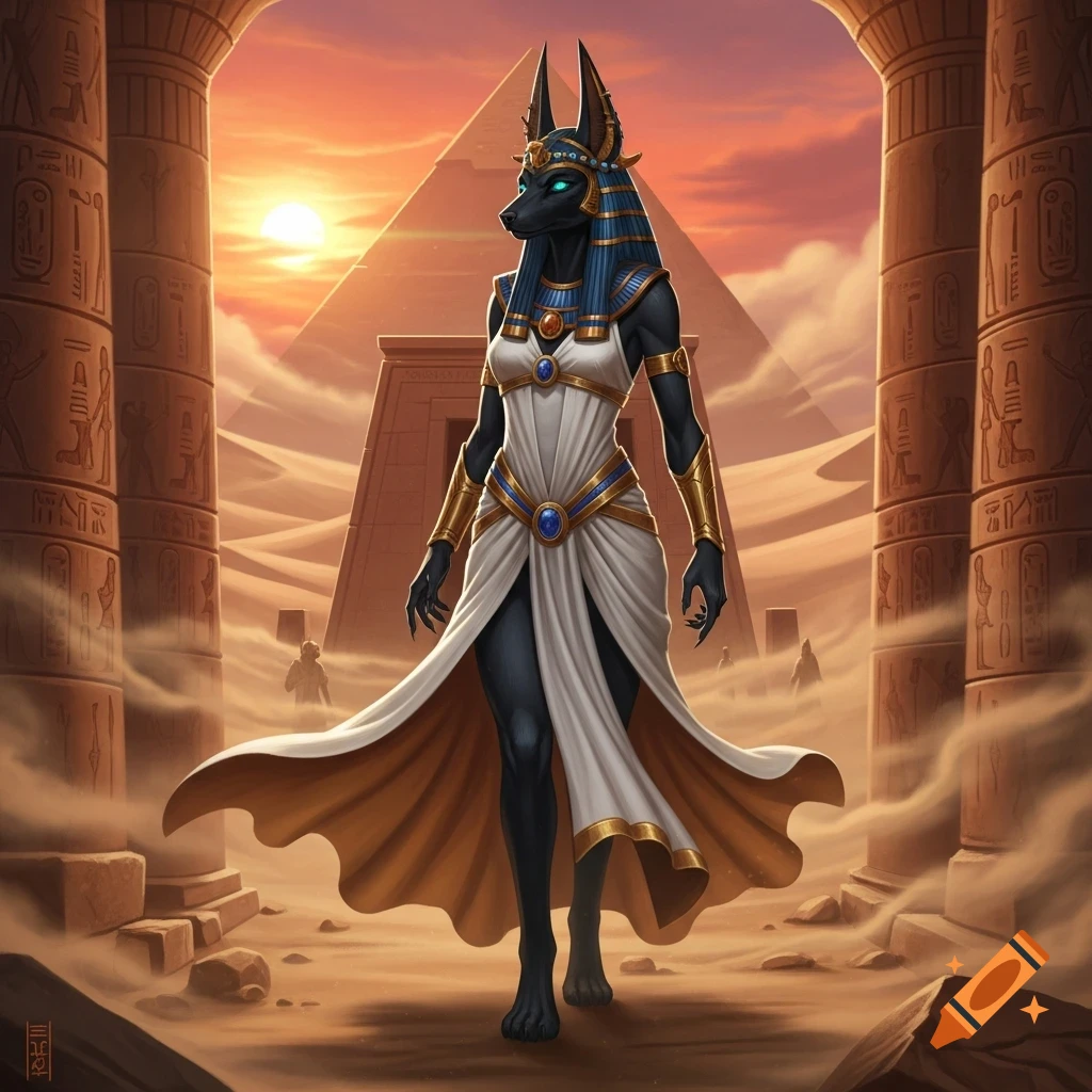 A female Anubis-like figure in white and gold ancient Egyptian attire stands between ornate pillars with a pyramid and sunset in the desert.