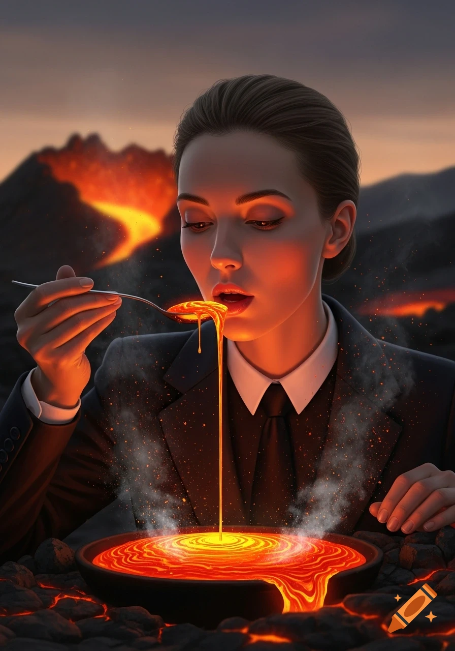 A woman in a business suit eats glowing molten lava from a spoon, with a smoking volcano in the background at dusk, photorealistic.