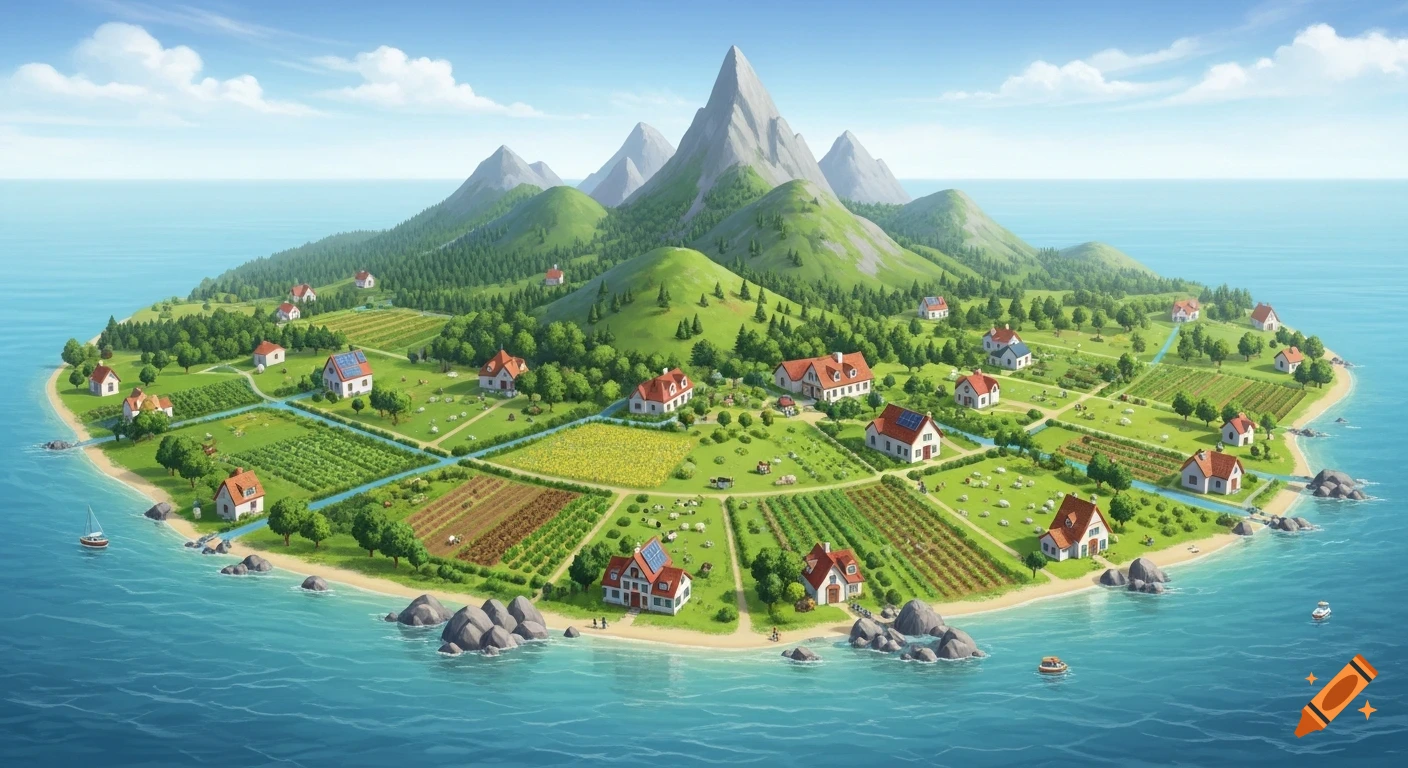 An idyllic, stylized aerial view of a lush green island with scattered white houses, farm fields, mountains, and a blue ocean.