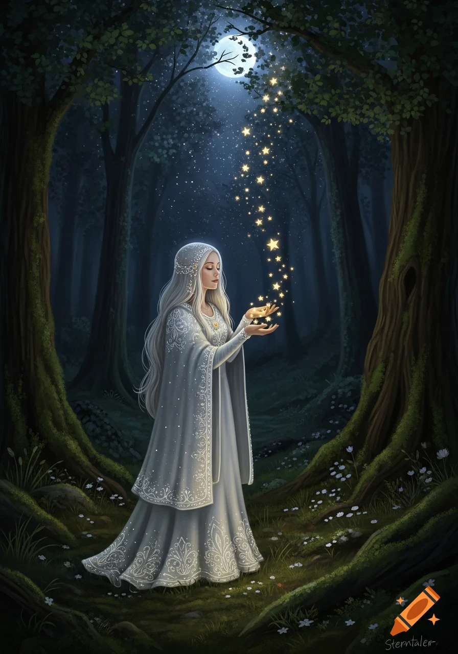 A serene white-haired woman in a flowing white dress stands in a moonlit forest, releasing golden stars from her cupped hands.