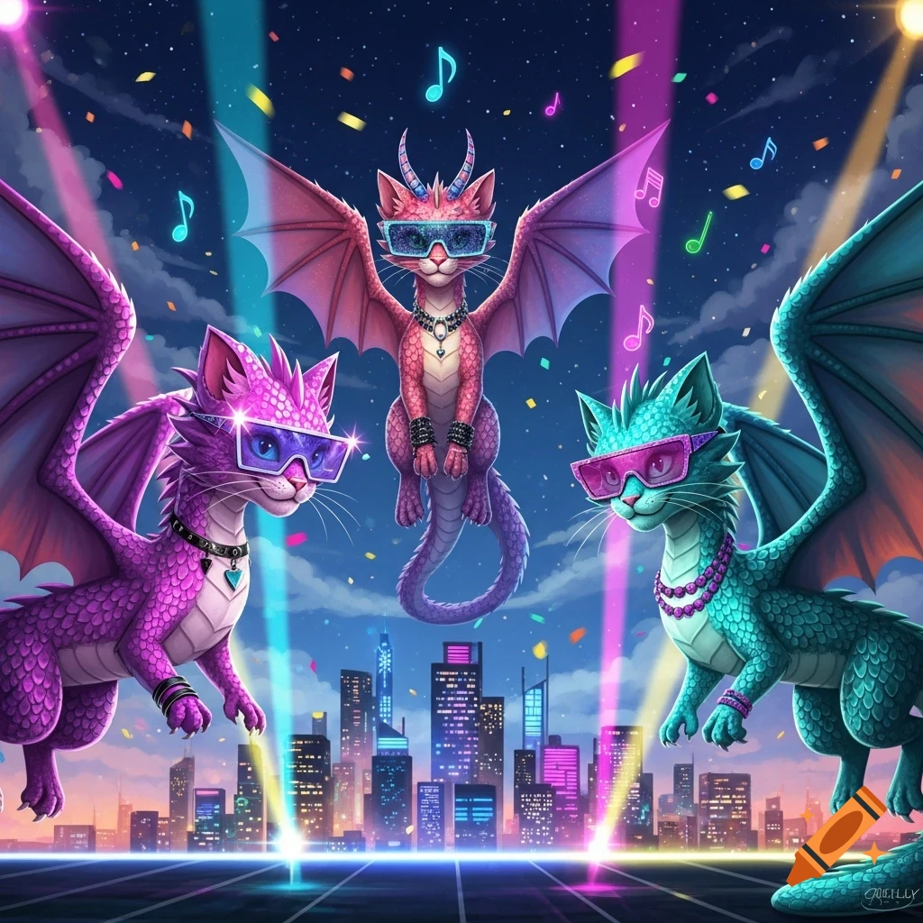 Three vibrant cat-faced dragons with wings and neon sunglasses hover over a retro-futuristic cityscape at night, with confetti and musical notes.