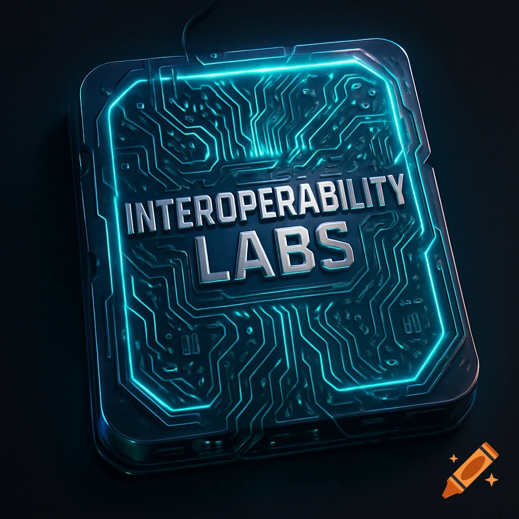 A glowing blue circuit board design with the text 'INTEROPERABILITY LABS' in the center, set against a dark background.