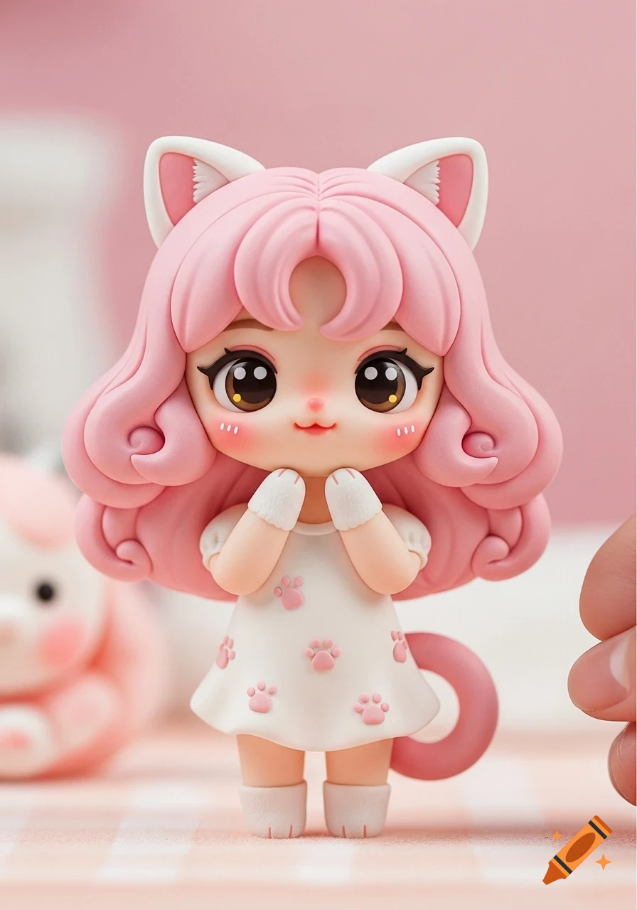 A cute pink cat-eared chibi girl figurine with curly hair, wearing a white dress with pink paw prints, hands clasped.